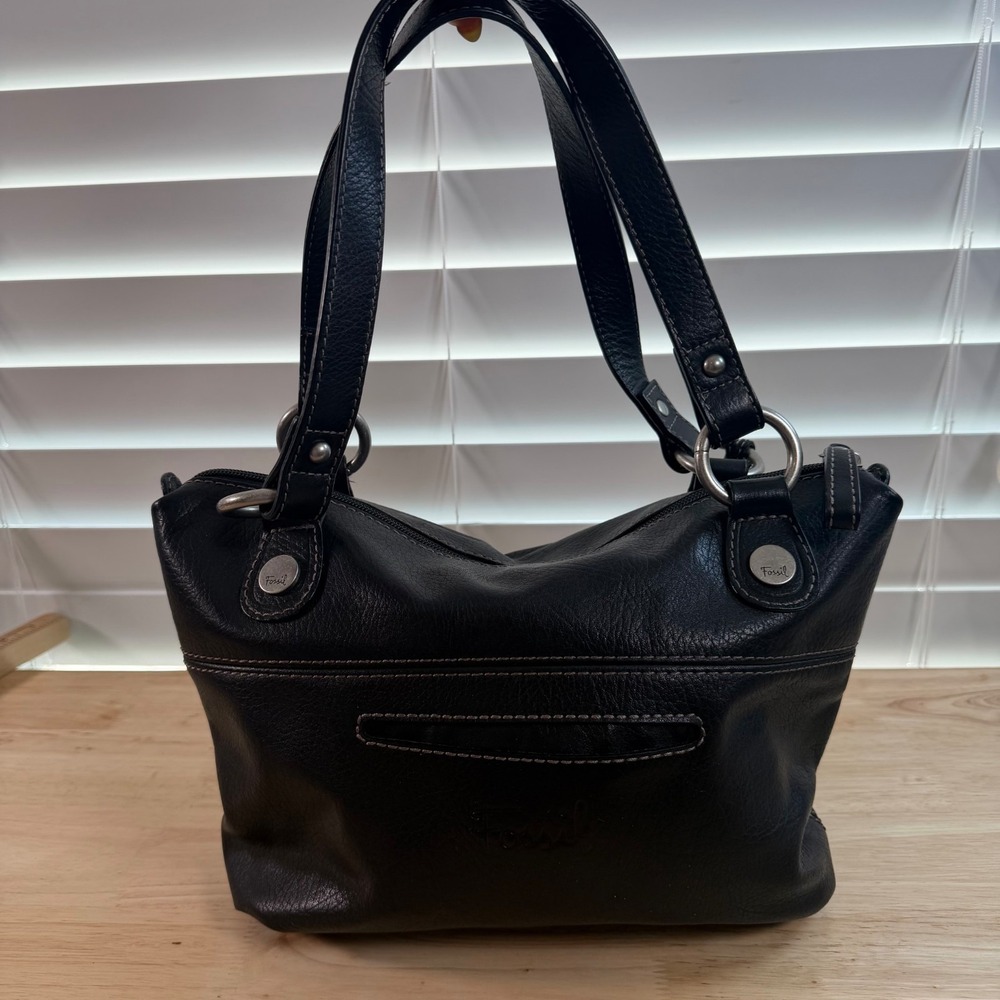 VTG 1954 Fossil Long Live Black Faux Leather Zip Double Handle Satchel Handbag